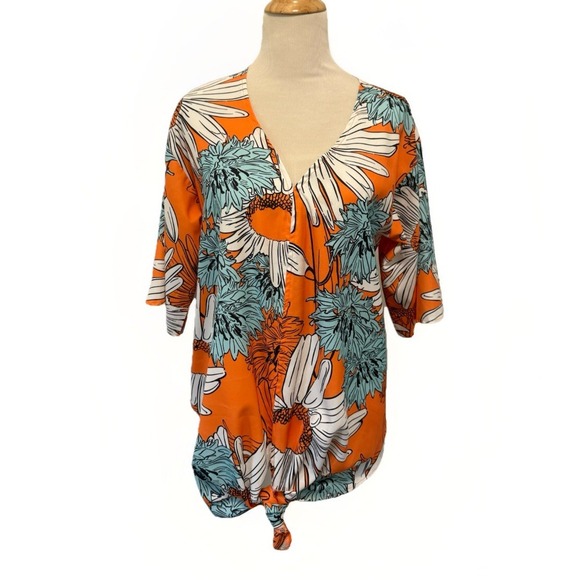 Sucrefas Tops - Sucrefas Floral Orange Blouse Front‎ Tie Medium